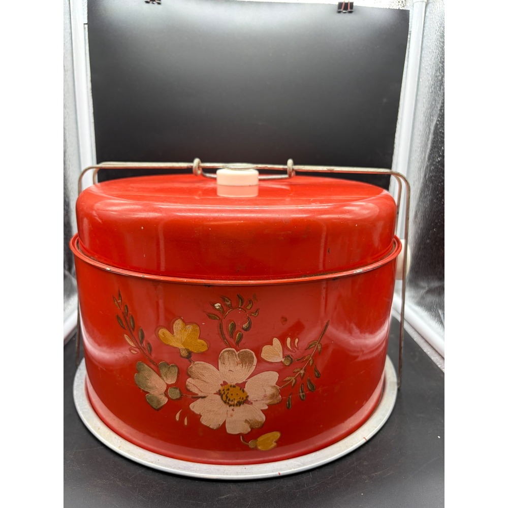 Vintage Red Metal Cake Carrier Hand Painted Floral Tin Locking Handle Retro